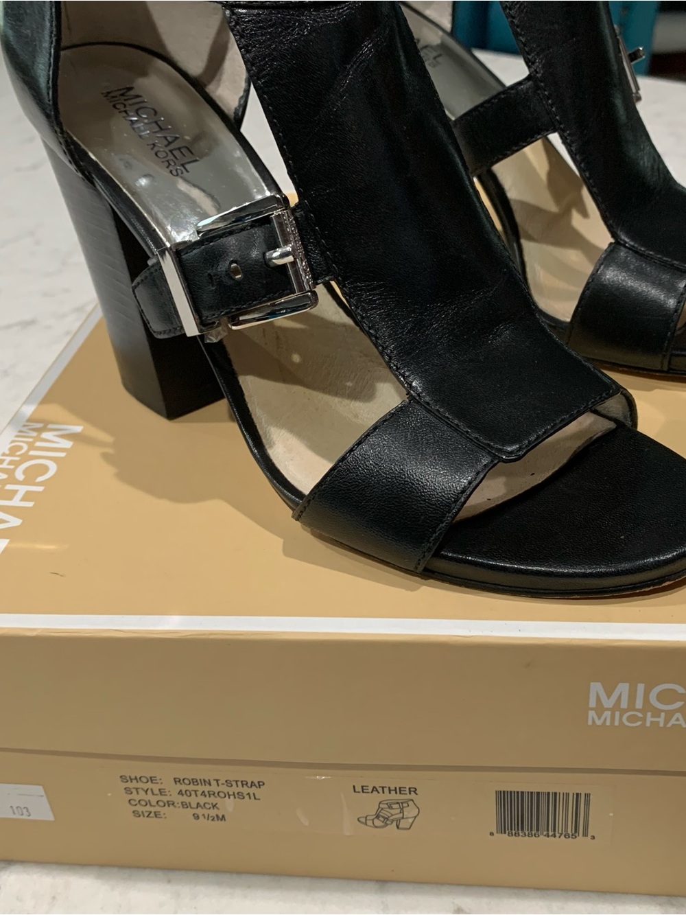 MICHAEL Michael Kors Black Leather T-Strap Block Heel Sandals(Very Comfortable)